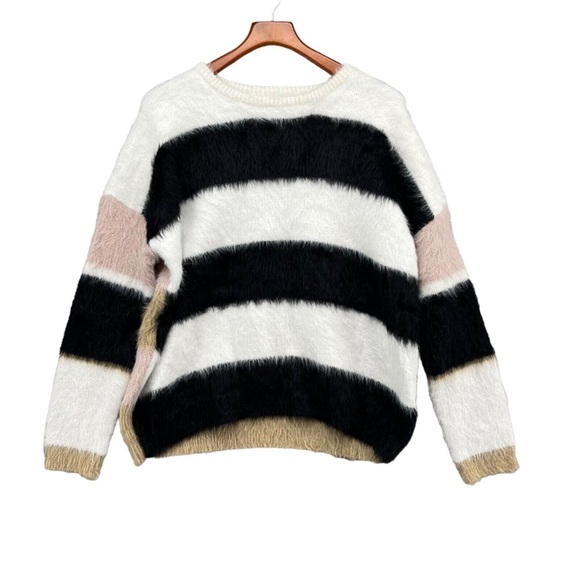 &merci Womens Black White Pink and Beige Striped Fuzzy Sweater - Picture 1 of 4